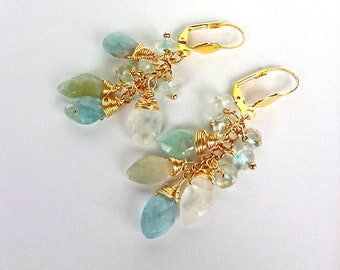 Genuine aquamarine cluster earrings Light blue and yellow gemstone cascade earrings gift for her Elegant hand faceted crystal earrings gold