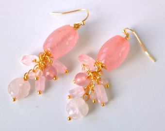 Handmade Rose Quartz Cluster Earrings: 18K Gold Plated, Unconditional Love