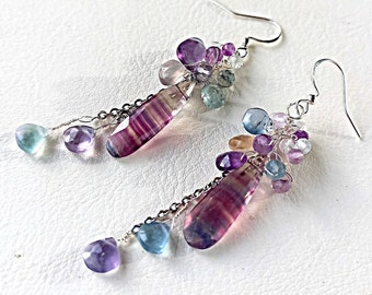 Rainbow fluorite cluster earrings - Natural fluorite wire wrap earrings - Multi fluorite earrings - Gift for women