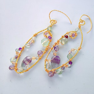 Große ovale Regenbogen Fluorit Ohrringe Handgemachte multicolor Edelstein gewebt Schmuck einzigartiges Geschenk für sie Boho chic Luxus Edelstein Draht gewebt Ohrring