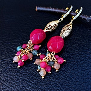 Handmade Ruby Cluster Earrings: Gold Plated Gemstone Dangle