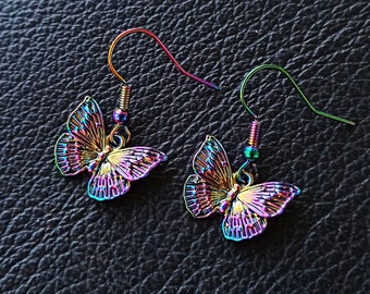 Titanium rainbow butterfly earrings Tiny colorful earrings dangle Small stainless steel electroplate earrings