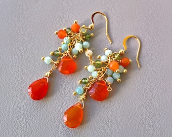 Natural carnelian and larimar cascade earrings Bright orange & pale blue gemstone cluster earrings unique gift for her Luxury gem earrings