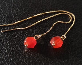 18K Gold Plated Carnelian Threader Earrings: Red Orange Gemstone Drop