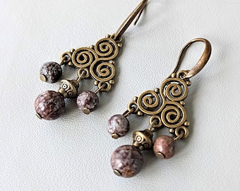 Véritables boucles d'oreilles en bronzite, boucles d'oreilles lustre en cristal marron en bronze, boucles d'oreilles en pierres précieuses faites main, cadeau unique pour elle, boucles d'oreilles ornées