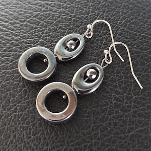 Natural hematite earrings - Anxiety relief earrings - Dark geometric earrings - Grey stone earrings - Protection earrings