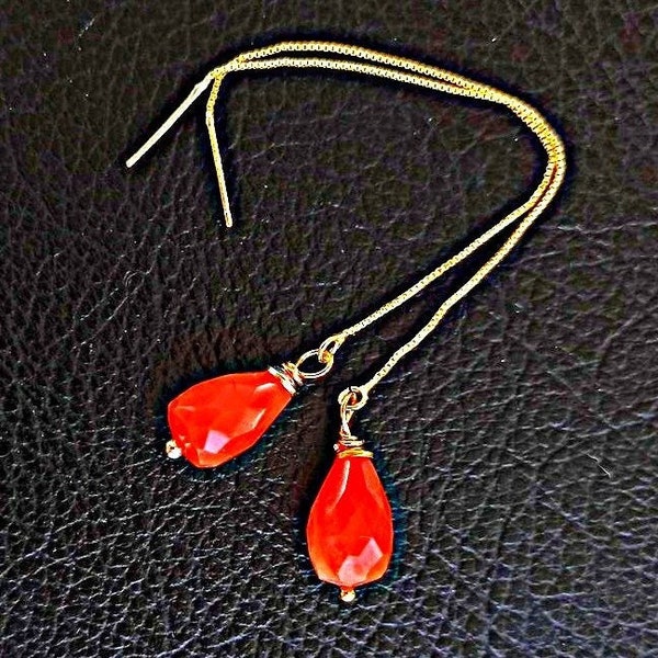 Natural carnelian threader earrings unique gift for her, Long red orange gemstone earrings, Elegant faceted teardrop crystal earrings