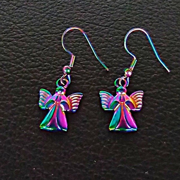 Rainbow titanium angel earrings dangle, Dainty guardian angel earrings, Color shift jewelry, ALLERGY FREE electroplated stainless steel