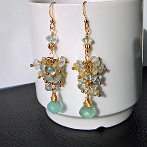 Natural aquamarine gemstone cluster earrings, Luxury long cascade earrings unique gift for her, Elegant pale blue and yellow crystal earring