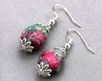 Ruby Zoisite Earrings | Natural Zoisite Ruby Gemstone Dangle Earrings | Handmade Silver Jewelry | Green Pink Stone Earrings | Gift for Her