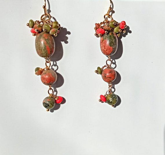 K10YG ジャスパーとユナカイトのピアス