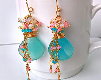 Large teadrop genuine blue chalcedony with cluster of tiny ethiopian opal unique gift for her Elegant multi gemstone luxury earrings gold