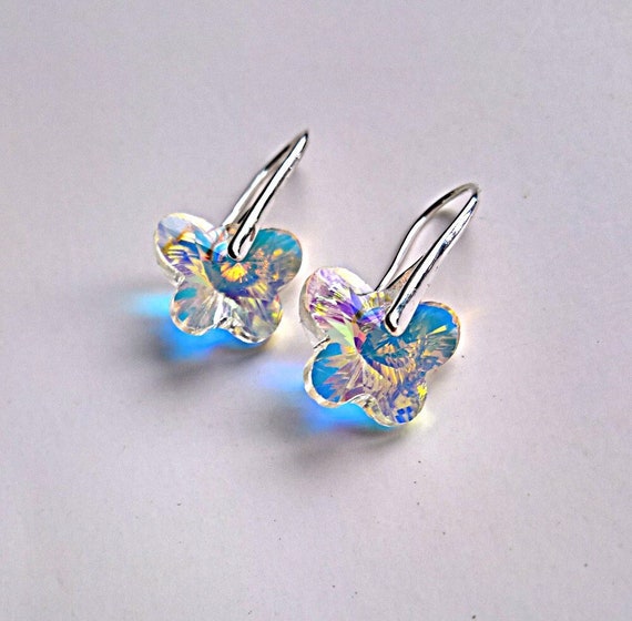 Iridescent Swarovski Crystal Butterfly Earrings: Silver  display picture 3