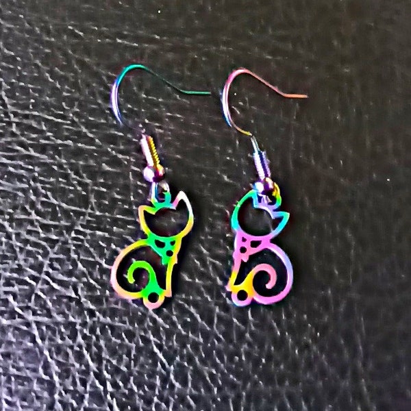 Titanium rainbow cat earrings -  Tiny cats lover gift -  Small colorful cat earrings dangle - Cats mom gifts