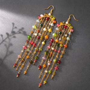 Handmade Watermelon Tourmaline Chandelier Earrings | Long Gold Shoulder Duster | Luxury 14K GF 18K GP Gemstone Jewelry | Unique Gift for Her