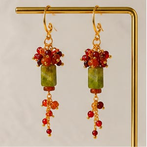 Multi-Garnet Cascade Earrings: Green, Orange & Red Gemstone Cluster, Handmade Luxury Gemstone Dangle Earrings, Gold Statement Jewelry