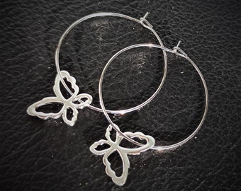 Silver butterfly hoop earrings unique gift for her, Elegant open butterfly earrings, Everyday accessory