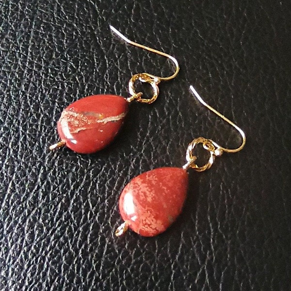 Natural red jasper earrings unique gift for her, Elegant gemstone earrings,  Handmade water drop earrings gold, Protection crystal earrings