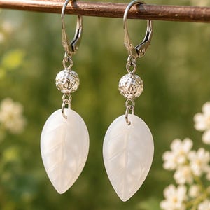 White Jade Leaf Earrings, Nature Inspired Jewelry, White Gem Dangle Earrings, Botanical Earrings, Bridal Gift for Her, Elegant Leaf Jewelry