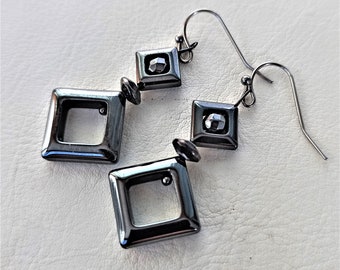Handmade hematite earrings dangle, Dark gray crystal earrings unique gift for her,  Double rhombus geometric earrings for women