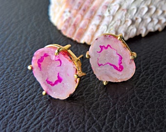 Pink baby geode stud earrings gold,  Handmade dainty gem earrings unique gift for her, Elegant genuine raw crystal earrings for women