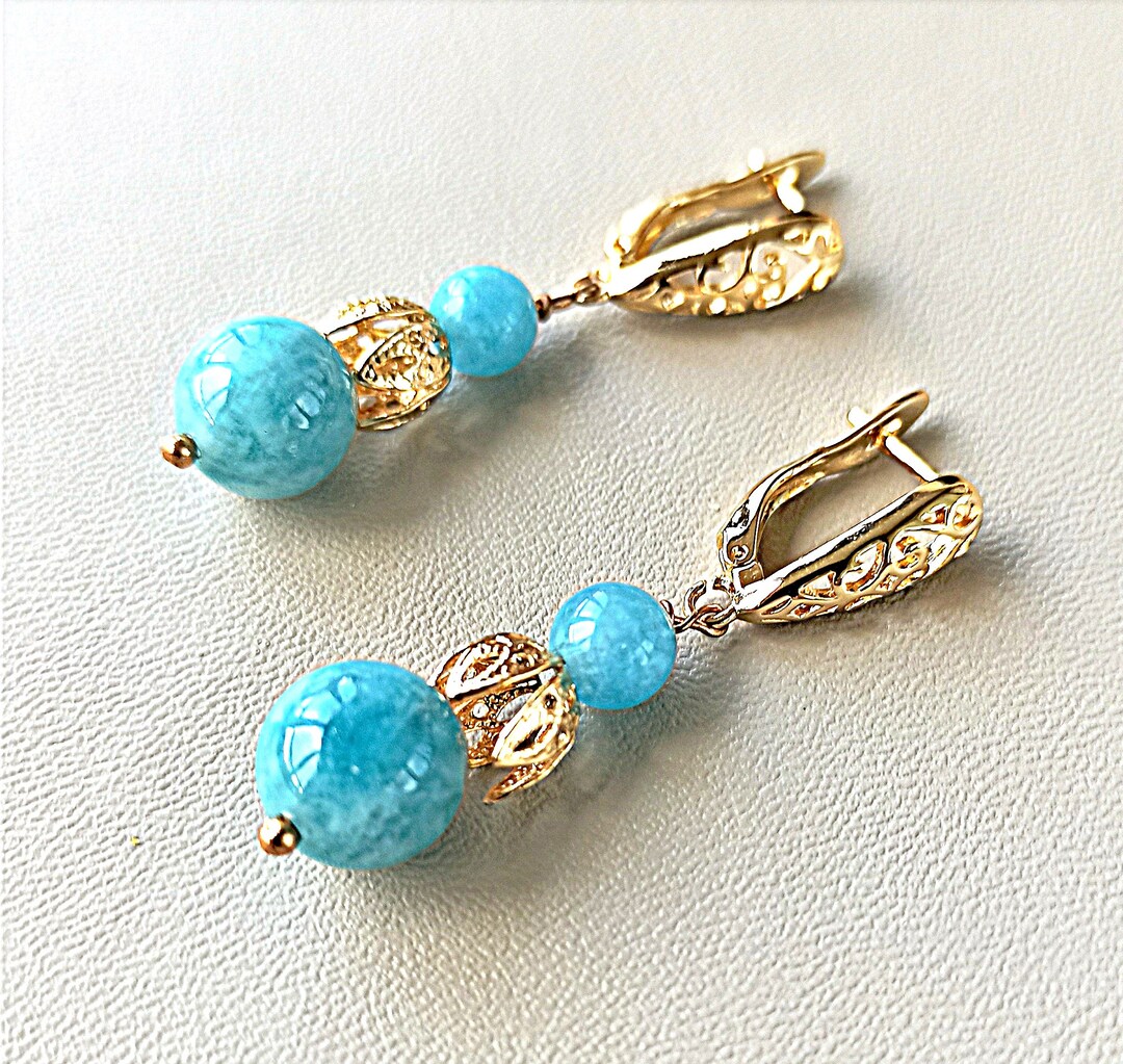 Elegant Sky Blue Gem Stone Earrings in Gold, Handmade Chalcedony