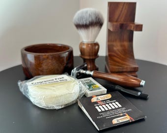 7PC Handmade Wood Shaving Set Safety razor Brush Soap Bowl mug Blades Wet shaving kit Men's Gift holidays Christmas Secret Santa FAST SHIP