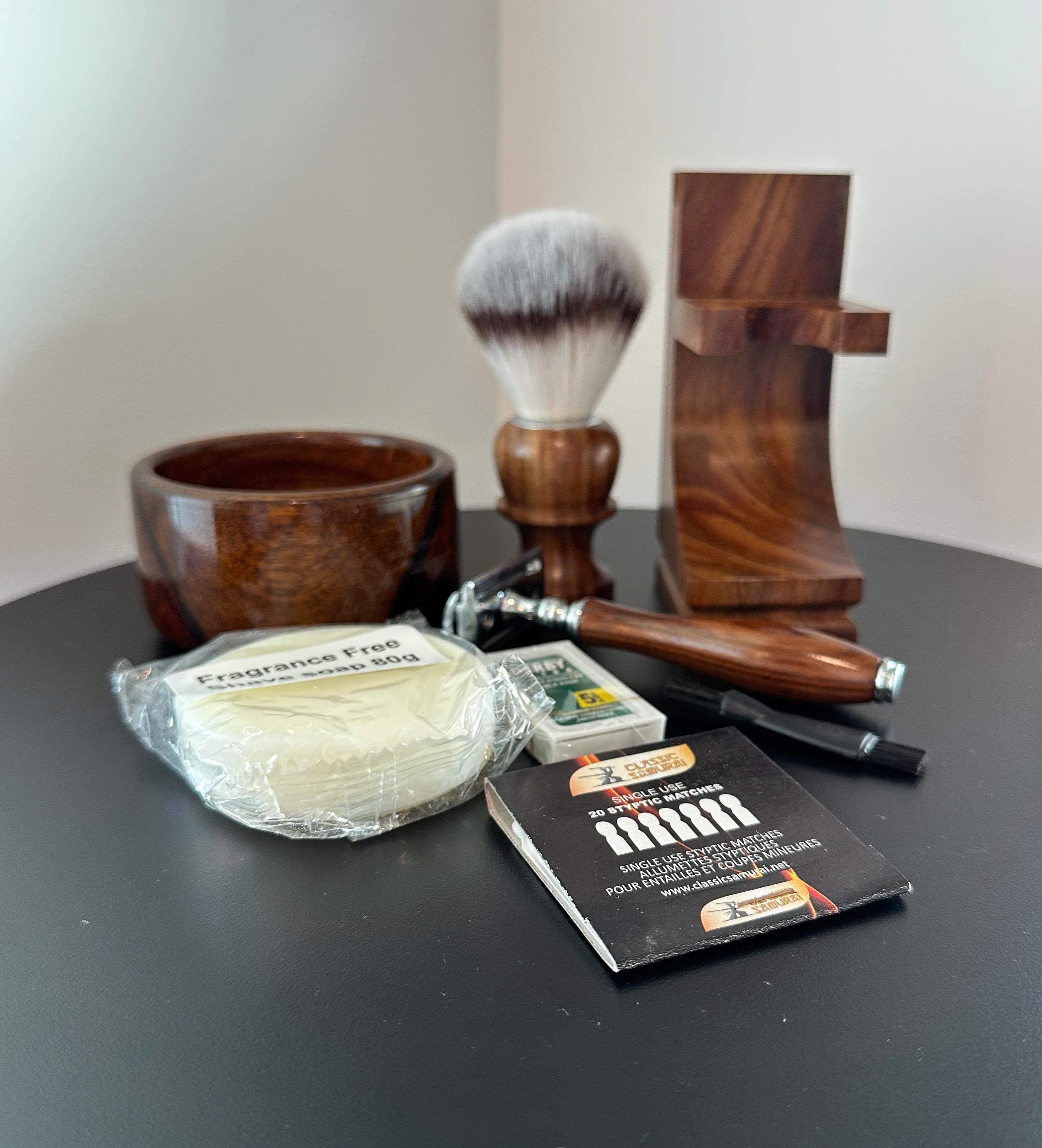 7PC Handmade Wood Shaving Set Safety razor Brush Soap Bowl mug Blades Wet shaving kit Men's Gift holidays Christmas Secret Santa FAST SHIP