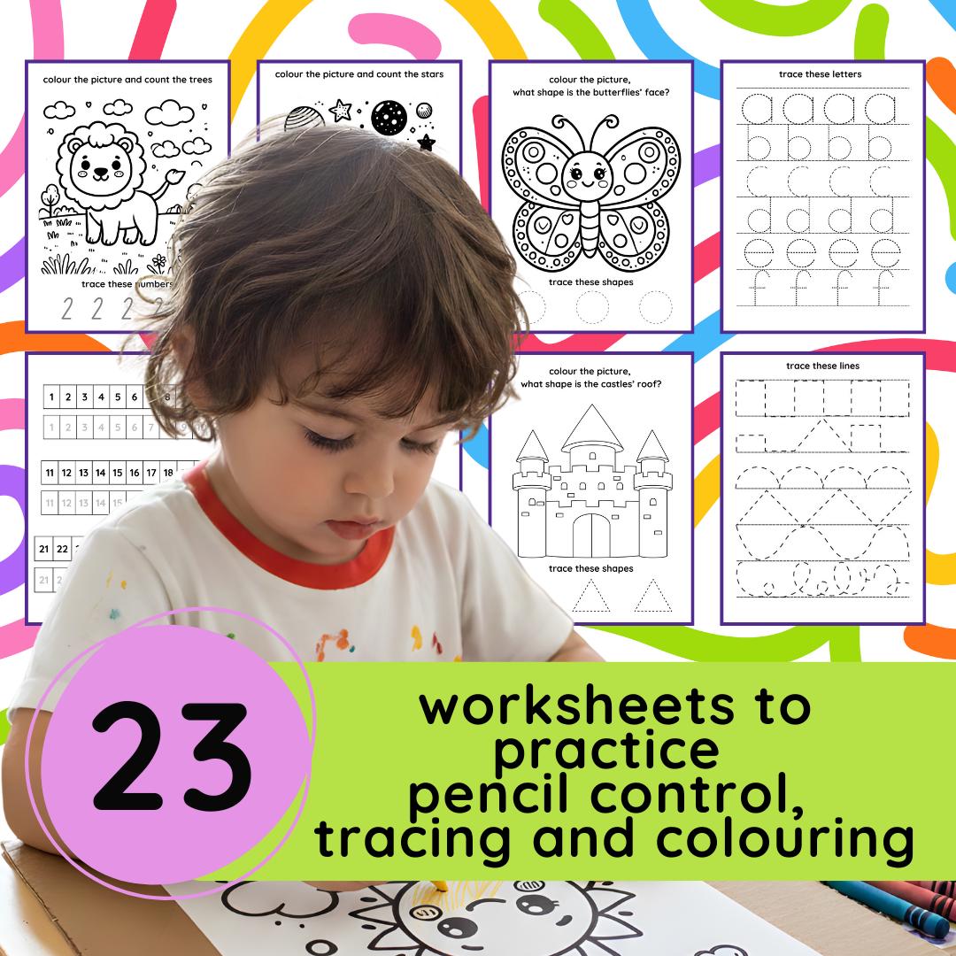 Tracing and Colouring Worksheets for Kids in Kindergarten and Primary ...