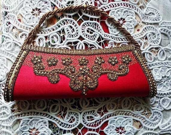 60s vintage handbag, vintage women's red evening b