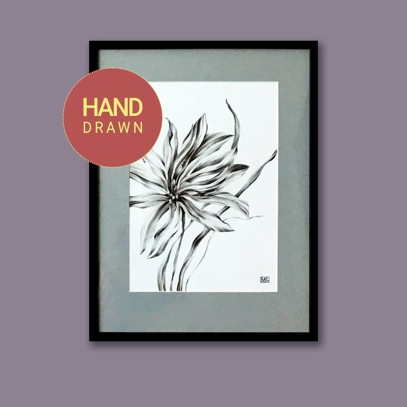 Framed Original Wall Art Flower Drawing Wall Decor Flower Etsy
