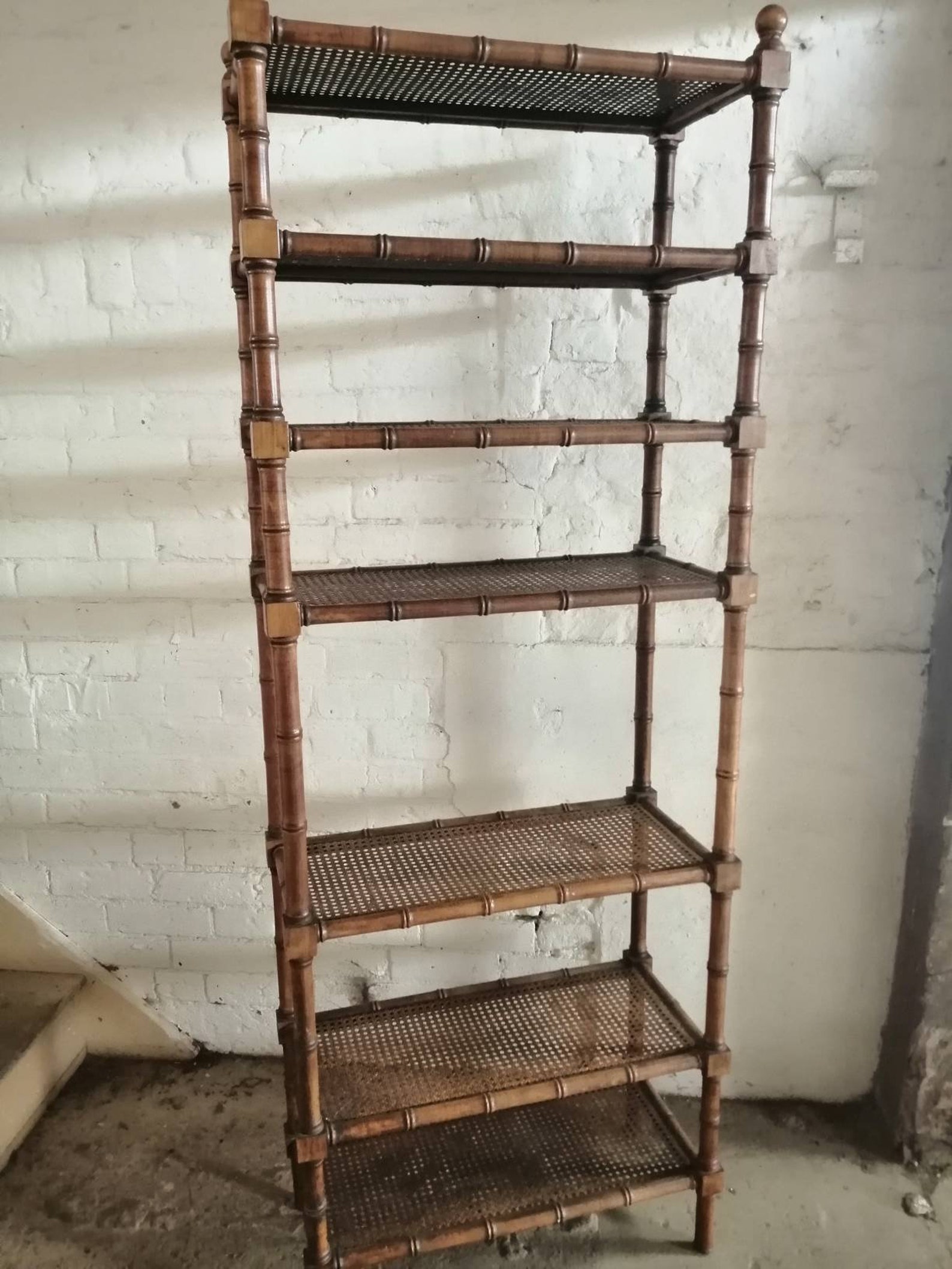 Faux bamboo shelving unit with cane shelves vintage Etsy