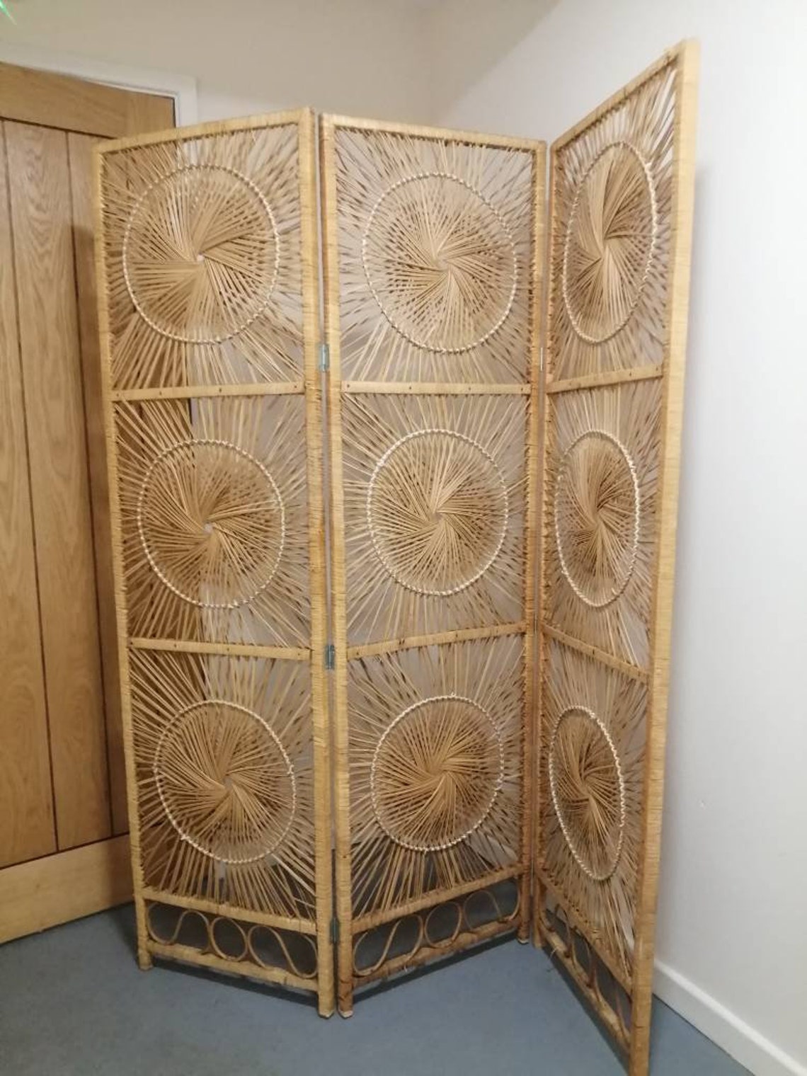 Sunburst Vintage Wicker Room Divider Screen Etsy