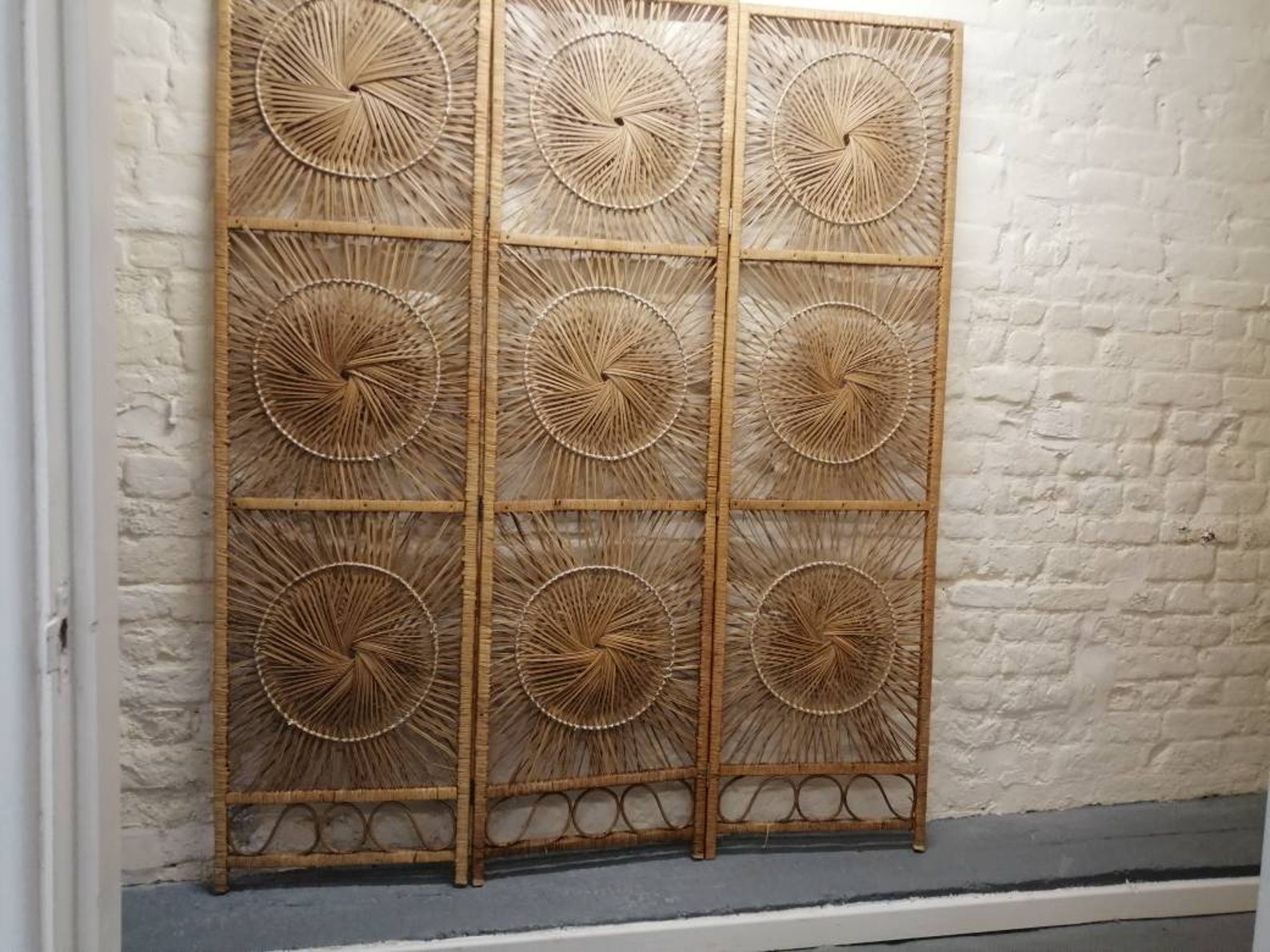 Sunburst Vintage Wicker Room Divider Screen Etsy