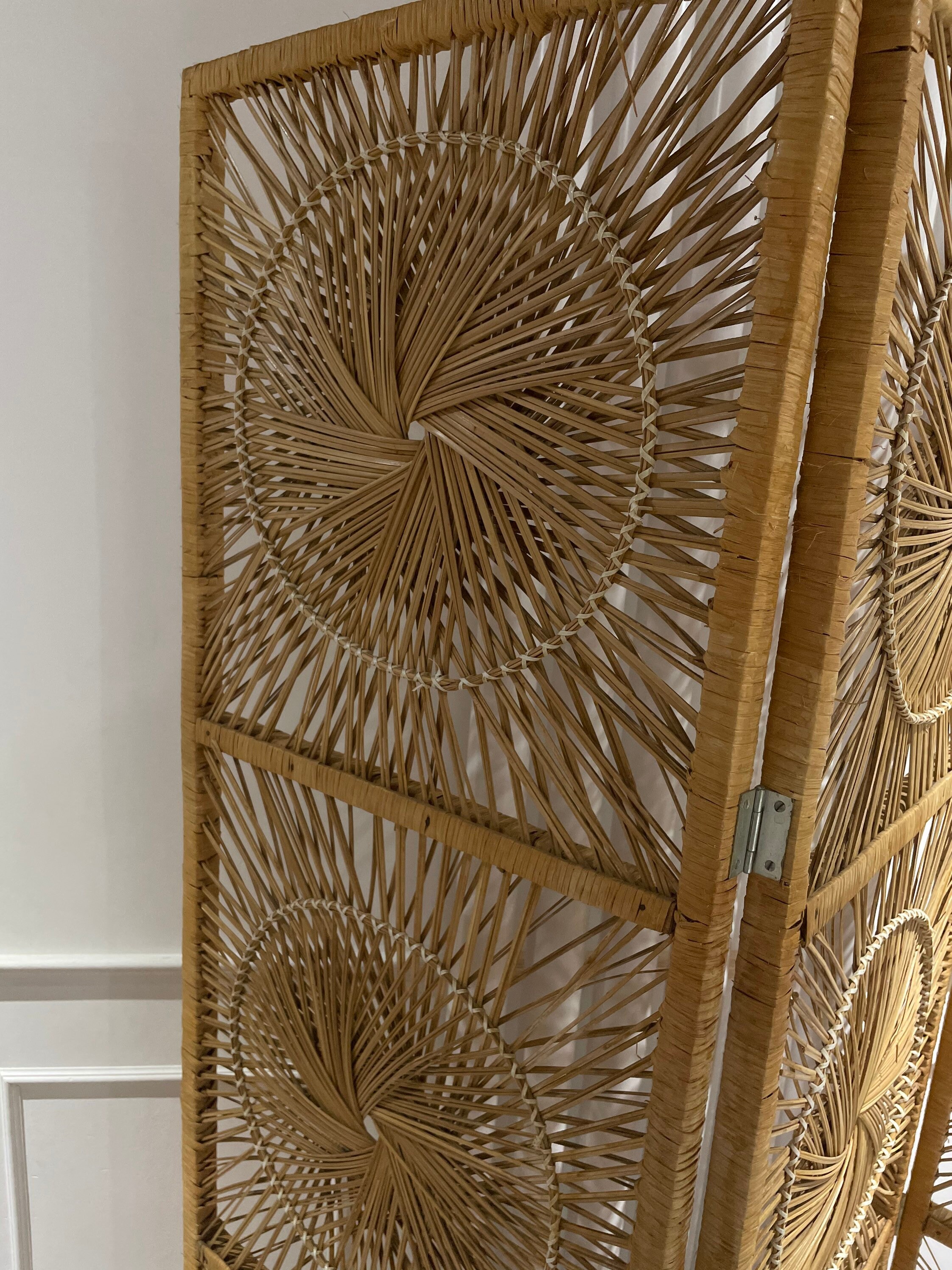 Sunburst Vintage Wicker Room Divider Screen Etsy