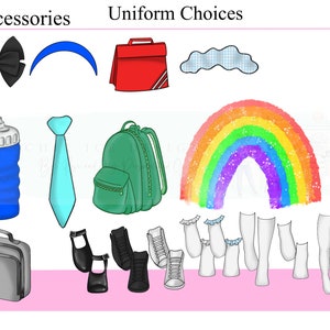 K&ouml;nnte beinhalten: Ein Set an Schuluniform-Accessoires, darunter eine blaue Wasserflasche, ein gr&uuml;ner Rucksack, eine rote Lunchbox, eine blaue Krawatte, eine schwarze Schleife, ein blaues Stirnband, eine wei&szlig;e Wolke, ein Regenbogen, eine graue Lunchbox, schwarze Schuhe, wei&szlig;e Socken und wei&szlig;e Strumpfhosen.