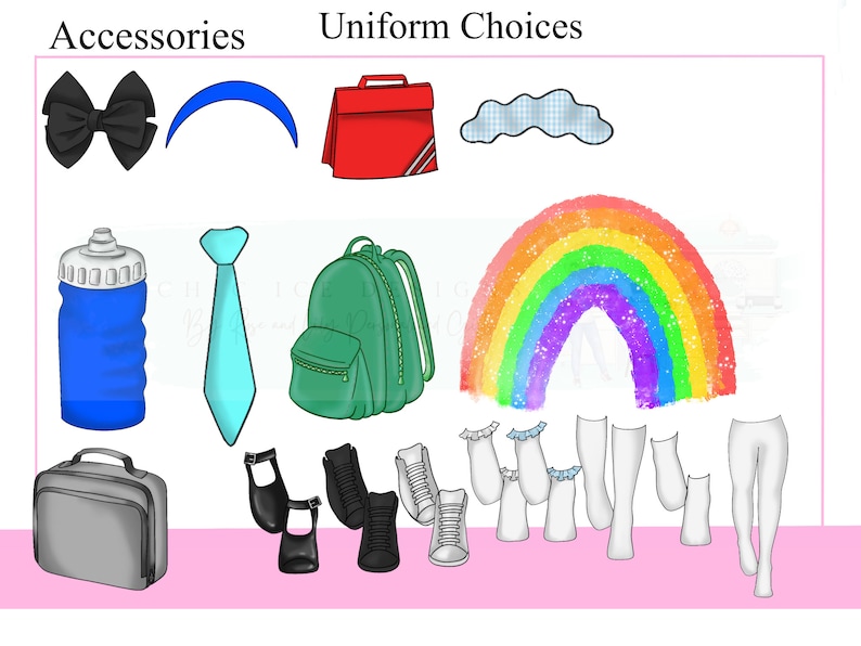 K&ouml;nnte beinhalten: Ein Set an Schuluniform-Accessoires, darunter eine blaue Wasserflasche, ein gr&uuml;ner Rucksack, eine rote Lunchbox, eine blaue Krawatte, eine schwarze Schleife, ein blaues Stirnband, eine wei&szlig;e Wolke, ein Regenbogen, eine graue Lunchbox, schwarze Schuhe, wei&szlig;e Socken und wei&szlig;e Strumpfhosen.