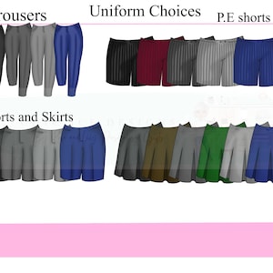 K&ouml;nnte beinhalten: Ein Diagramm, das verschiedene Schuluniform-Optionen zeigt. Das Diagramm ist in drei Abschnitte unterteilt: Hosen, Uniform-Auswahl und Sport-Shorts. Der Abschnitt Hosen zeigt vier Hosenpaare in Schwarz, Grau und Blau. Der Abschnitt Uniform-Auswahl zeigt sechs Shorts-Paare in Schwarz, Rot, Grau und Blau. Der Abschnitt Sport-Shorts zeigt ein Paar blaue Shorts. Der Abschnitt Shorts und R&ouml;cke zeigt acht Shorts- und Rockpaare in Grau, Blau, Braun und Gr&uuml;n.