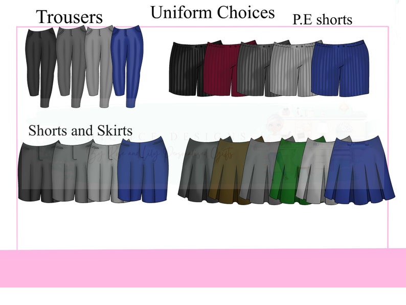 K&ouml;nnte beinhalten: Ein Diagramm, das verschiedene Schuluniform-Optionen zeigt. Das Diagramm ist in drei Abschnitte unterteilt: Hosen, Uniform-Auswahl und Sport-Shorts. Der Abschnitt Hosen zeigt vier Hosenpaare in Schwarz, Grau und Blau. Der Abschnitt Uniform-Auswahl zeigt sechs Shorts-Paare in Schwarz, Rot, Grau und Blau. Der Abschnitt Sport-Shorts zeigt ein Paar blaue Shorts. Der Abschnitt Shorts und R&ouml;cke zeigt acht Shorts- und Rockpaare in Grau, Blau, Braun und Gr&uuml;n.