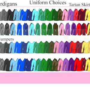 K&ouml;nnte beinhalten: Ein Diagramm, das verschiedene Uniform-Optionen f&uuml;r die Schule zeigt. Das Diagramm ist in drei Abschnitte unterteilt: Cardigans, Pullover und Schottenr&ouml;cke. Jeder Abschnitt zeigt eine Vielzahl von Farben und Stilen von Pullovern.