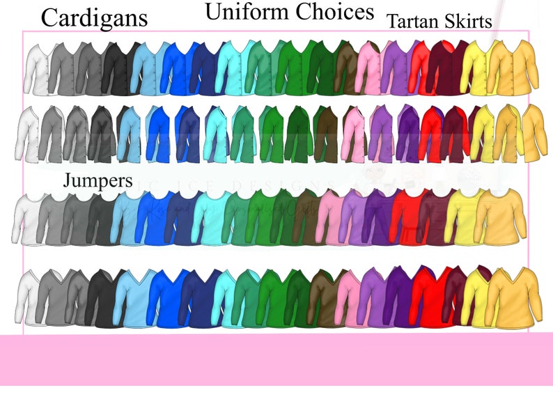 K&ouml;nnte beinhalten: Ein Diagramm, das verschiedene Uniform-Optionen f&uuml;r die Schule zeigt. Das Diagramm ist in drei Abschnitte unterteilt: Cardigans, Pullover und Schottenr&ouml;cke. Jeder Abschnitt zeigt eine Vielzahl von Farben und Stilen von Pullovern.