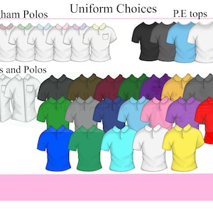 K&ouml;nnte beinhalten: Eine Auswahl an Poloshirts in verschiedenen Farben, darunter Wei&szlig;, Blau, Gr&uuml;n, Rot, Gelb und Lila. Die Shirts sind in Reihen angeordnet, mit dem Text "Gingham Polos", "Uniform Choices", "P.E tops" und "Shirts and Polos" &uuml;ber den Reihen.