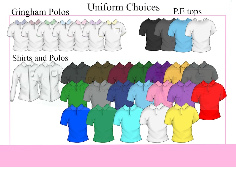 K&ouml;nnte beinhalten: Eine Auswahl an Poloshirts in verschiedenen Farben, darunter Wei&szlig;, Blau, Gr&uuml;n, Rot, Gelb und Lila. Die Shirts sind in Reihen angeordnet, mit dem Text "Gingham Polos", "Uniform Choices", "P.E tops" und "Shirts and Polos" &uuml;ber den Reihen.