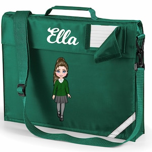 K&ouml;nnte beinhalten: Gr&uuml;ne Schultasche mit einem wei&szlig;en Namensschild, auf dem "Ella" steht, und einer Zeichnung eines M&auml;dchens. Die Tasche hat einen wei&szlig;en Streifen am Boden und einen Schultergurt.