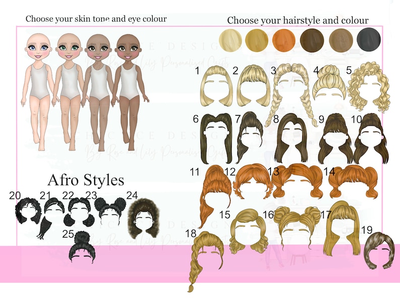 K&ouml;nnte beinhalten: Eine digitale Illustration eines Puppen-Anpassungstools. W&auml;hlen Sie aus vier Hautt&ouml;nen, 25 Frisuren und 10 Haarfarben. Das Bild enth&auml;lt den Text "W&auml;hlen Sie Ihren Hautton und die Augenfarbe" und "W&auml;hlen Sie Ihre Frisur und Farbe".