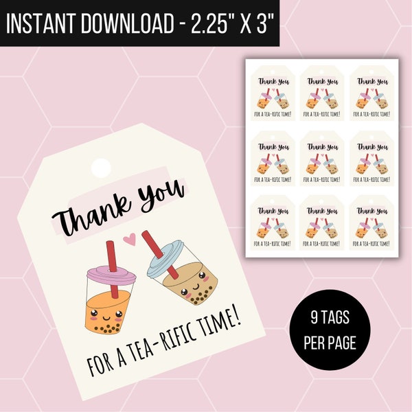 Thank You for a Tea-rific Time Boba Party Gift Tag, Instant Download Printable Gift Tag, Goodie Bag Boba Theme Party Tag, Thank You Gift Tag