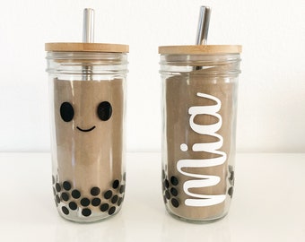 Personalized Boba Beer Can Glass Mug with Name, Straw, and Bamboo Lid, Reusable, 24 oz, Boba Cup, Boba Lover Foodie