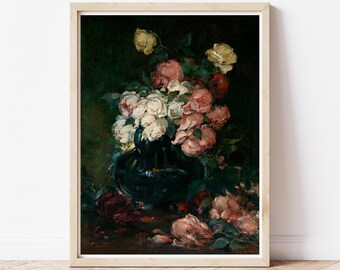 Pitcher of Roses Vintage Art | Floral Art, Vintage Art, Moody Art, Moody Floral, Botanical Art