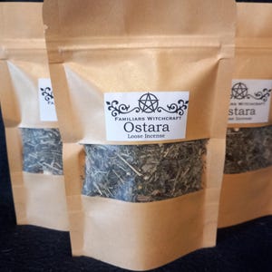 May include: Three brown paper bags filled with loose incense labelled "Familiars Witchcraft Ostara Loose Incense".
