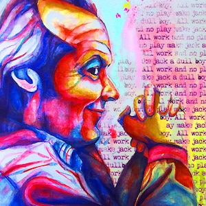 saturated colorful watercolor, Stephen King, Stanley Kubrick, book character, Jack Torrance, movie prints wall art, horror the shining